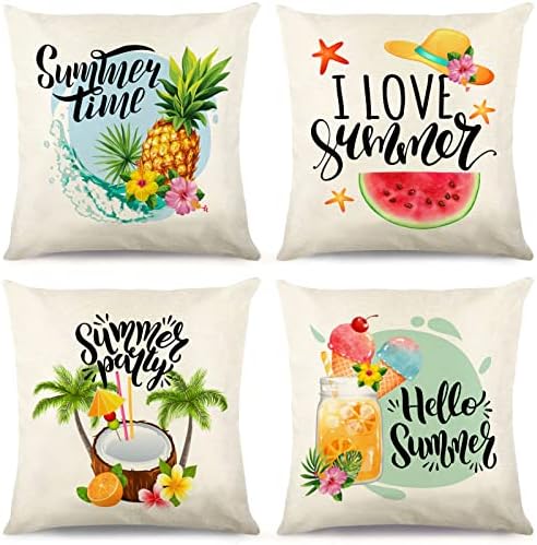 Capas de travesseiros de verão 18x18 Conjunto de 4, olá Hello Summer Watermelon Pineapple Coconut