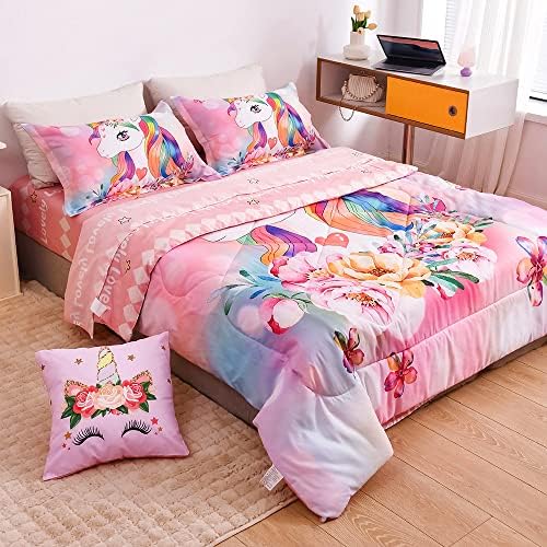 QJMiaoFang Unicorn Conjunto de 6pieces Rosa Unsicorn Bedding Set com lençóis rosa para crianças meninas