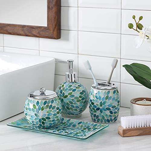 Acessórios para banheiros de vidro em mosaico de 4pcs Conjunto com padrão pressionado decorativo - Inclui dispensador de sabão e copo e sabonete e porta -dentes de dentes