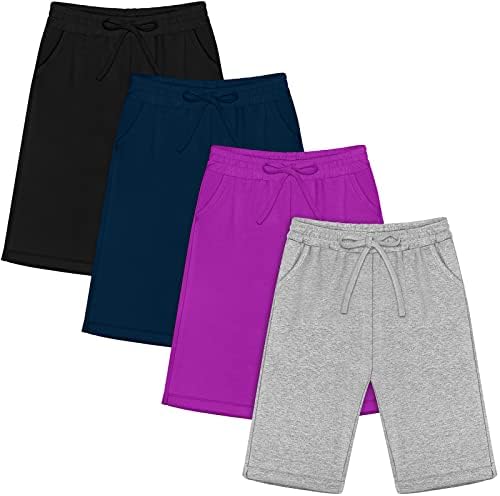 RESINTA 4 Pack Girls 'Athletic Shorts Meninas de algodão macio correndo shorts com cordão e bolsos esportivos
