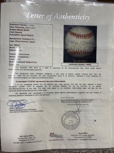 Mickey Mantle 1.710 K de beisebol assinado JSA LOA - Bolalls autografados