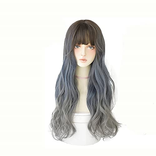N/A Pastel Blue Grey Wigs com franja para mulheres longas perucas onduladas e onduladas