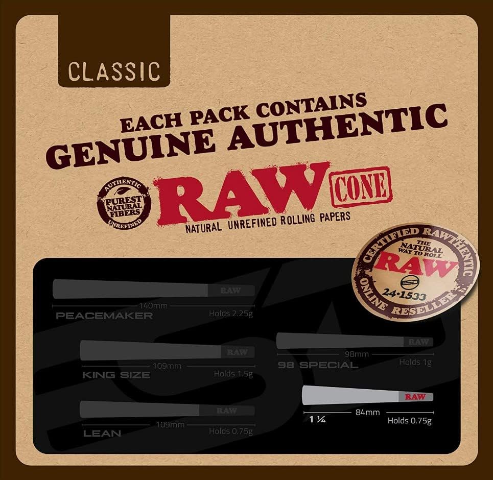Cones Raw Classic 1-1/4 Tamanho | 50 pacote | Papel rolante pré -enrolado natural com dicas e tubos de embalagem
