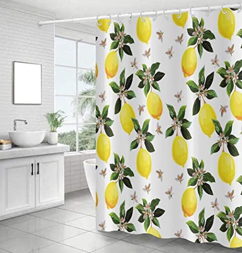 Cortina de chuveiro de frutas para Toengs, limão amarelo minimalista moderno com folhas verdes