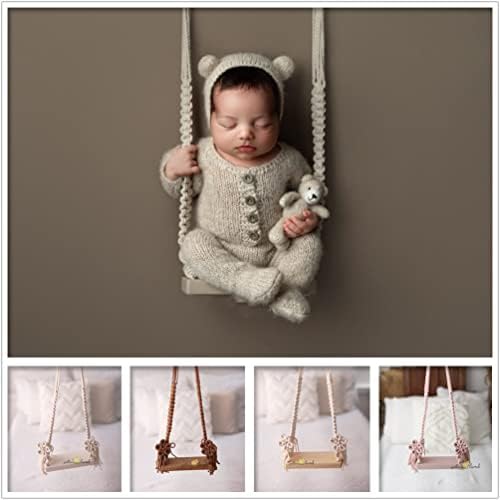 Vomdrok Newborn Photography Props Swing de madeira Posing Acessórios Baby Photo menino menina Macrame Swing Vintage
