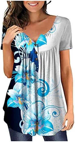 túnica lcepcy tops para mulheres por toda a camiseta impressa V Botão de pescoço Roughed Bloups Summer Casual Casual