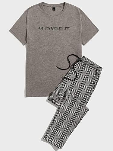 Nibhz roupas de duas peças para homens, letra de letra, camiseta gráfica e calça xadrez xadrez