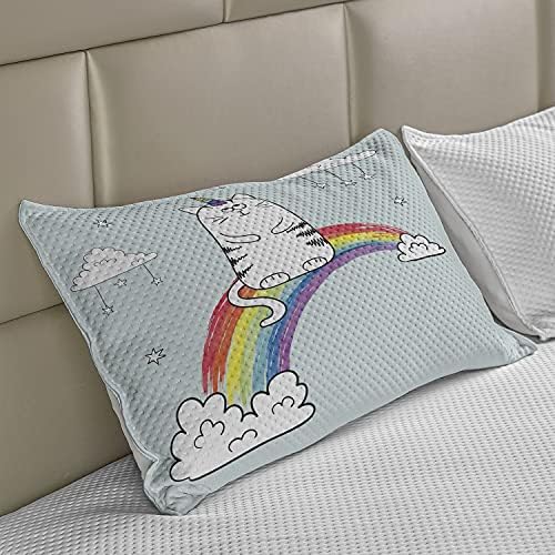 Ambesonne Unicorn Cat Kilt Cilt Cobro de travesseiro, arco -íris esboçado Siga seus sonhos Sky