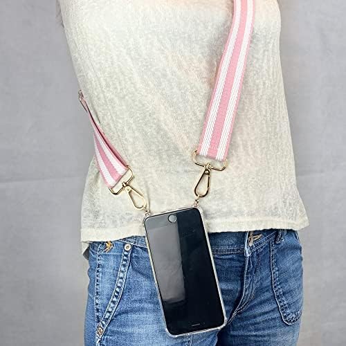 Caso Clear do iPhone 13 Pro com cinta/cinta de telefone ajustável em tecido rosa e branco