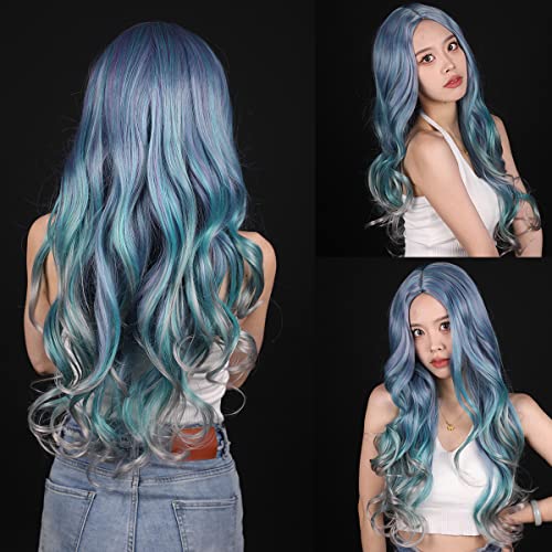 Cabelo sofisticado perucas onduladas azuis longos para mulheres perucas corlorful misto azul verde