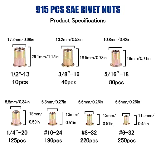 915pcs Kit de porca de porca SAE Unc Rivet Nuts Apresentação 6-32, 8-32, 10-24, 1/4 -20, 5/16 -18, 3/8 -16,
