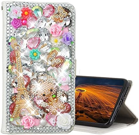 Caixa de telefone Glitter Wallet Compatível com Samsung Galaxy S21 FE 5G 2022, AS -ZEKE 3D Urso artesanal Eiffel
