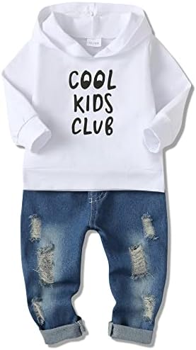 Yallet Toddler Roupas de menino de menino, capuz de letra de manga longa Top+calça jeans rasgada 2pcs outono
