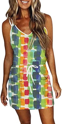 IQKA Women Camis Dress Ty Tye Print Mini vestidos de praia Sundress de cintura elástica de pescoço com