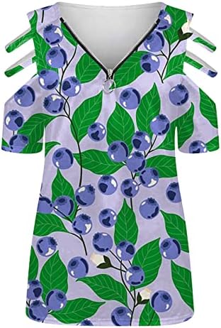 Camisetas de recorte estampadas florais femininas camisas de manga curta zíper V Blush Bloups