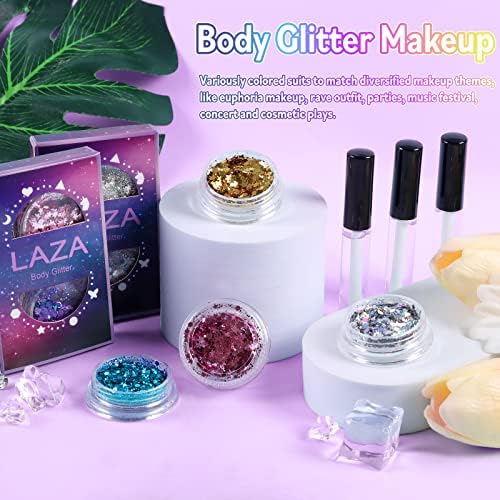 LAza Glitter Glitter, 2 Jars Iridescente lantejoulas robustas com cola de glitter perfeita para mulheres maquiagem