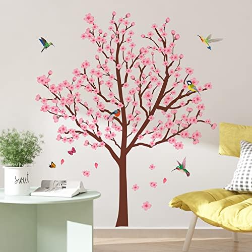 2 folhas removíveis de pêssego rosa decalques de parede de árvore de cerejeira árvores adesivos de parede pássaros