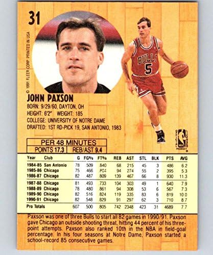 1991-92 Fleer Series 1 Basketball 31 John Paxson Chicago Bulls Official NBA Trading Card