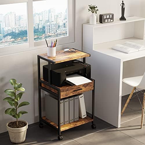 Awpfy Printer Stand Table, carrinho de rolagem com gaveta e prateleira de armazenamento de 3 camadas,