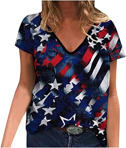 Tops de verão para mulheres Crew Neck 4 de julho Patriótico Camisas de manga curta American Flag Graphic USA Independência