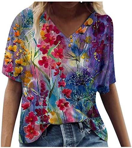 Tshirts de manga curta de verão feminino V Neck Vintage Floral Tunic Tees Tunic Tees Trendy Casual Plus Size