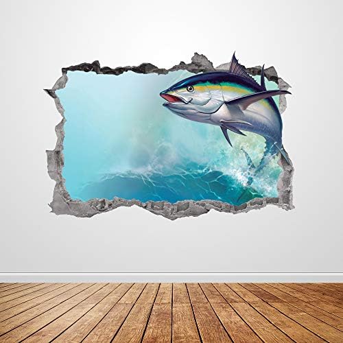 Arte do decalque da parede de peixes Smashed 3D Graphic Ocean Wave Fishing Wall Sticker Mural Poster Room