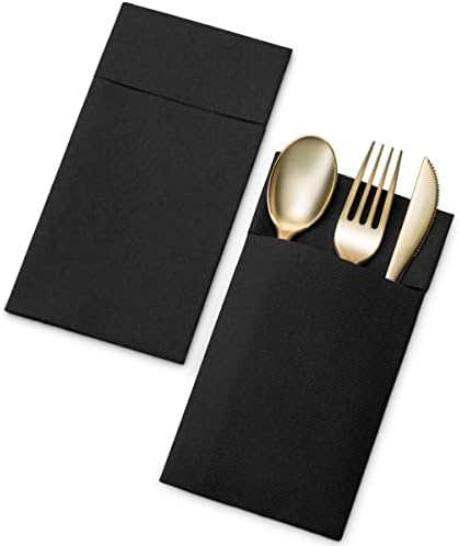Guardanapos de jantar de linho descartáveis ​​com bolso embutido de talheres, pano preto preto de 50 pacote,