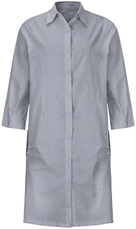 Vestidos de camisa de linho de algodão feminino Moda de verão Botão de cor sólida lapela bolso solto mangas