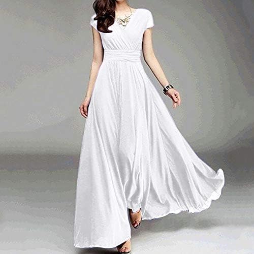 Vestido de verão feminino elegante sólido em pescoço curto império de manga curta cintura vestido longo vestido