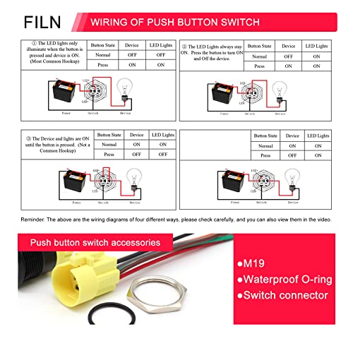 FILN 2PCS Push Buttern interruptor 185 Símbolos 19mm 12V LED LED trava à prova d'água normalmente aberta