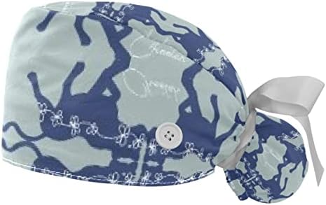 Capinha de trabalho de vento plano azul com Button & Sweatband, 2 pacote reutilizável Cirurgia cirúrgica Chapé