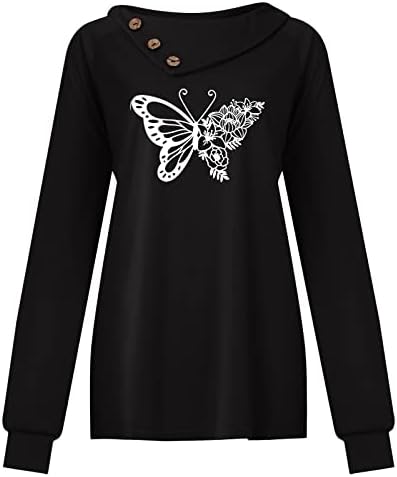 Jjhaevdy feminina Casual Butterfly Impressão de mangas compridas Tops Button Button Fleece Pullover