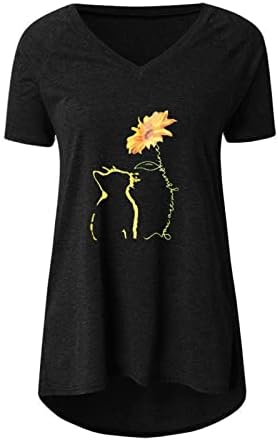 Camisa superior para feminino verão outono de manga curta v algodão solar gato gunflower flor gráfico fofo