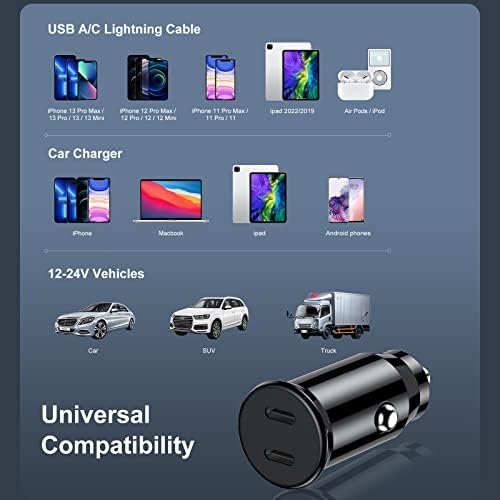 iPhone 11 12 13 14 14 Carregador de carro, porta dupla USB C Entrega de energia Plugue de adaptador de carregamento