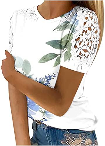 Hollow out manga curta ombros de renda tampo feminino tripulação pescoço aquarela floral blusas de túnica