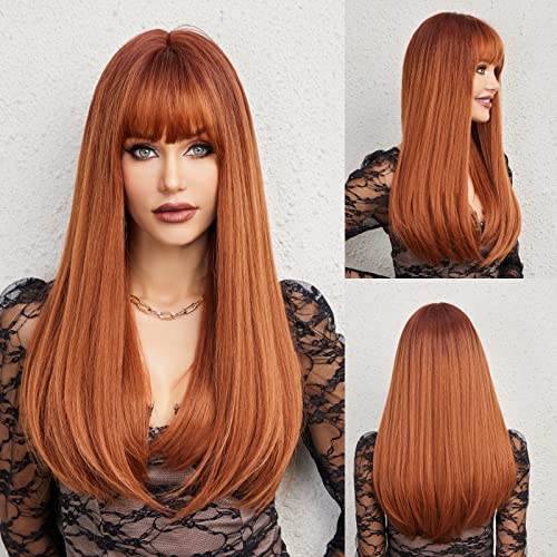 Cabelo de cabelo auburn cabelos longos e lisos, cabelos longos e laranos com franja, cabelos ruivos,