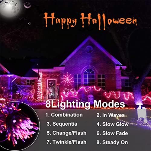 200 LED LUZES DE HALLOWEEN PURPO ORANGE, 66 pés Halloween String Lights Plug In, 8 Modos de iluminação