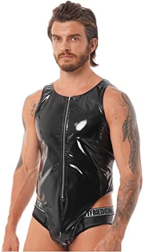 Linjinx Men's PVC Leather Sleeseless Leotard Zipper Bodysuit de uma peça de ponta de calda alta alta
