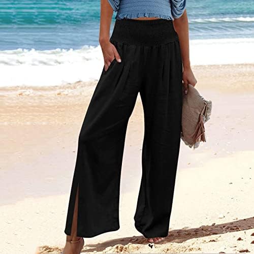 Calças para mulheres, calças de praia de linho de algodão clássicas com bolsos com bolsos
