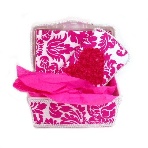 Damasco rosa quente com chiffon de chiffon quente, cesto de bebê de 3 peças
