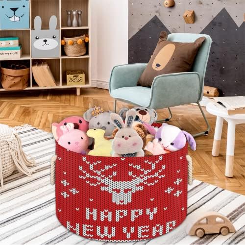 Feliz Ano Novo Rena Vermelha Grandes cestas redondas para cestas de lavanderia de armazenamento com alças