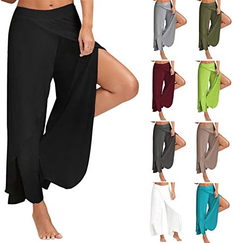 Andongnywell Mulheres divididas calças de ioga de alta perna larga ioga Flowy Palazzo calça calça calças