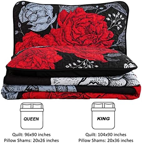 DJY Floral Quilt Set Size Size Red Boho Folhas de Flores Impresso em Coverlet de Redes Preto Conjunto