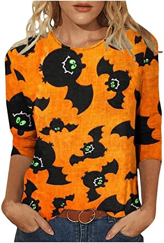 Camiseta de abóbora e gato para mulheres roupas de halloween romancty pullover gráfico de 3/4 de manga redonda