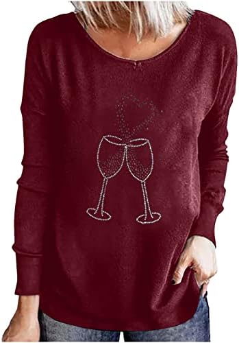 Camiseta de vidro de vinho tinto para mulheres de manga longa amor graphic imprimir blusa casual