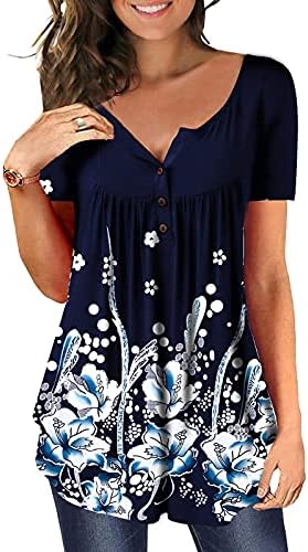 Lcepcy Summer Summer Casual Tunic Tops para mulheres estampas florais com camiseta roched Botão do pescoço de