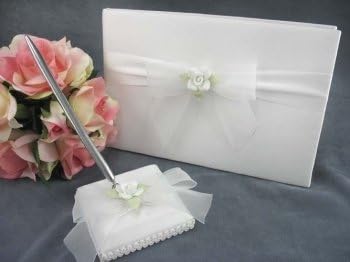 Livro de visitas e caneta de casamento de rosa branca: Conjunto de cor: Pen de branco/prata