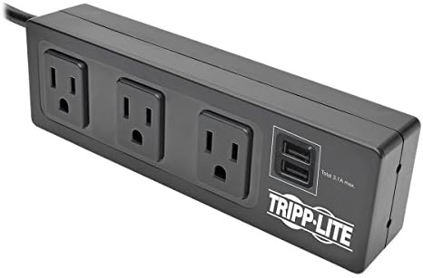 Tripp Lite 3 Outlet Surge Protector Power Strip com suportes de montagem, cordão de 10 pés, 2 portas de carregamento