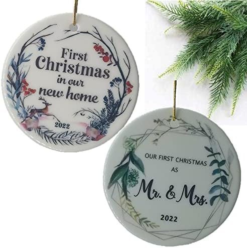 2 PCS Ornamentos de Natal 2022, Cerâmica personalizada Ornamentos de Natal, primeiro Natal como Sr. e Sra.