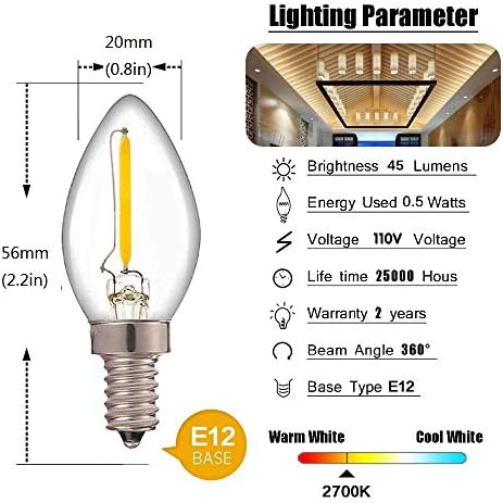 Iluminação LXCOM 0,5W E12 Bulbo LED C7 Edison LED Filamento Night Bulbs- E12 Base Candelabra lâmpada